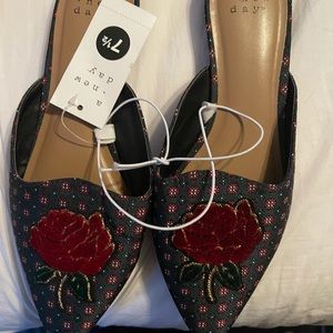 NWT A new day flats mules red embroidered rose